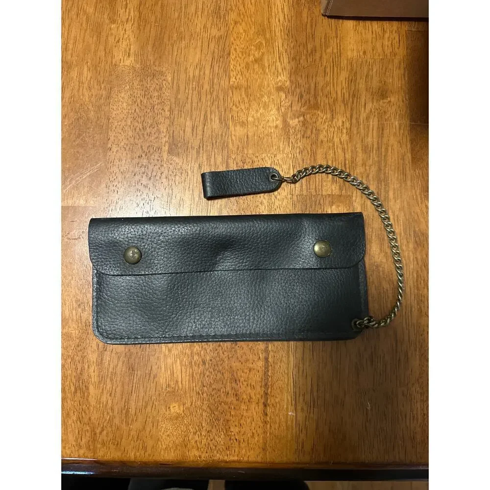 Vintage Black Leather Biker Chain Wallet – Snap Closure – Zipper Pocket – 9”